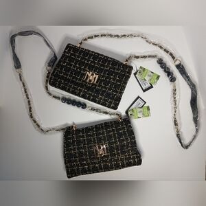 Badgley Mischka Bouclé Tweed Shoulder  Bags Black and Gold X2 NWT